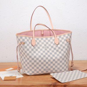 ❄Louis Vuitton❄ Neverfull Damier Azur Mm White  Tote Bag Pink
